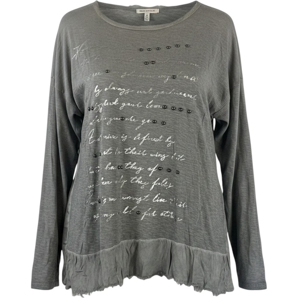 Made in Italy Grey Mixed Media Script Studded MOP Button Back Top One Size